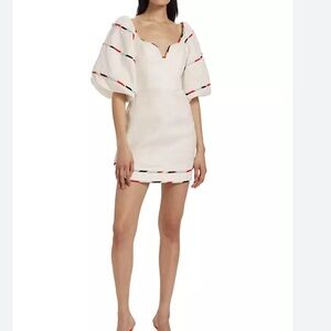 Farm Rio Women Stripe Trim Linen Mini Dress Size S Preppy Puff Sleeve